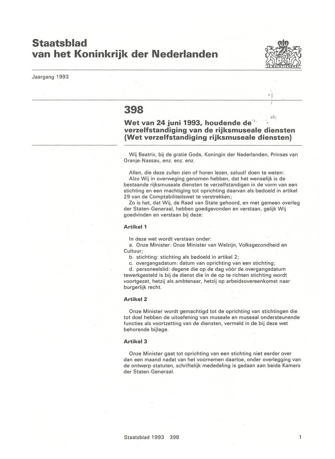 'Wet verzelfstandiging rijksmuseale diensten' gepubliceerd in het Staatsblad, 24 juni 1993